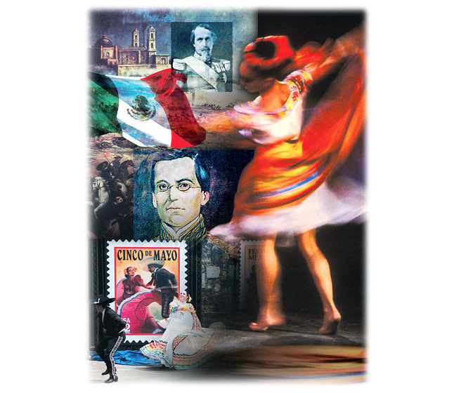 Images of dancers and history for Cinco De Mayo